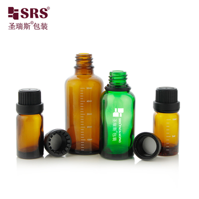 Nhìn qua Amber Blue Green Color Glass Bottle For Essential Oil With Child Proof Lid (Nước tinh dầu tinh dầu có nắp chống trẻ em)